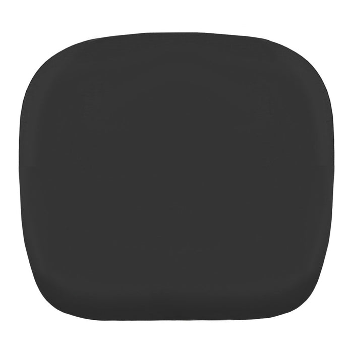Black square cushion with a smooth, matte finish and rounded edges, ideal for modern decor.