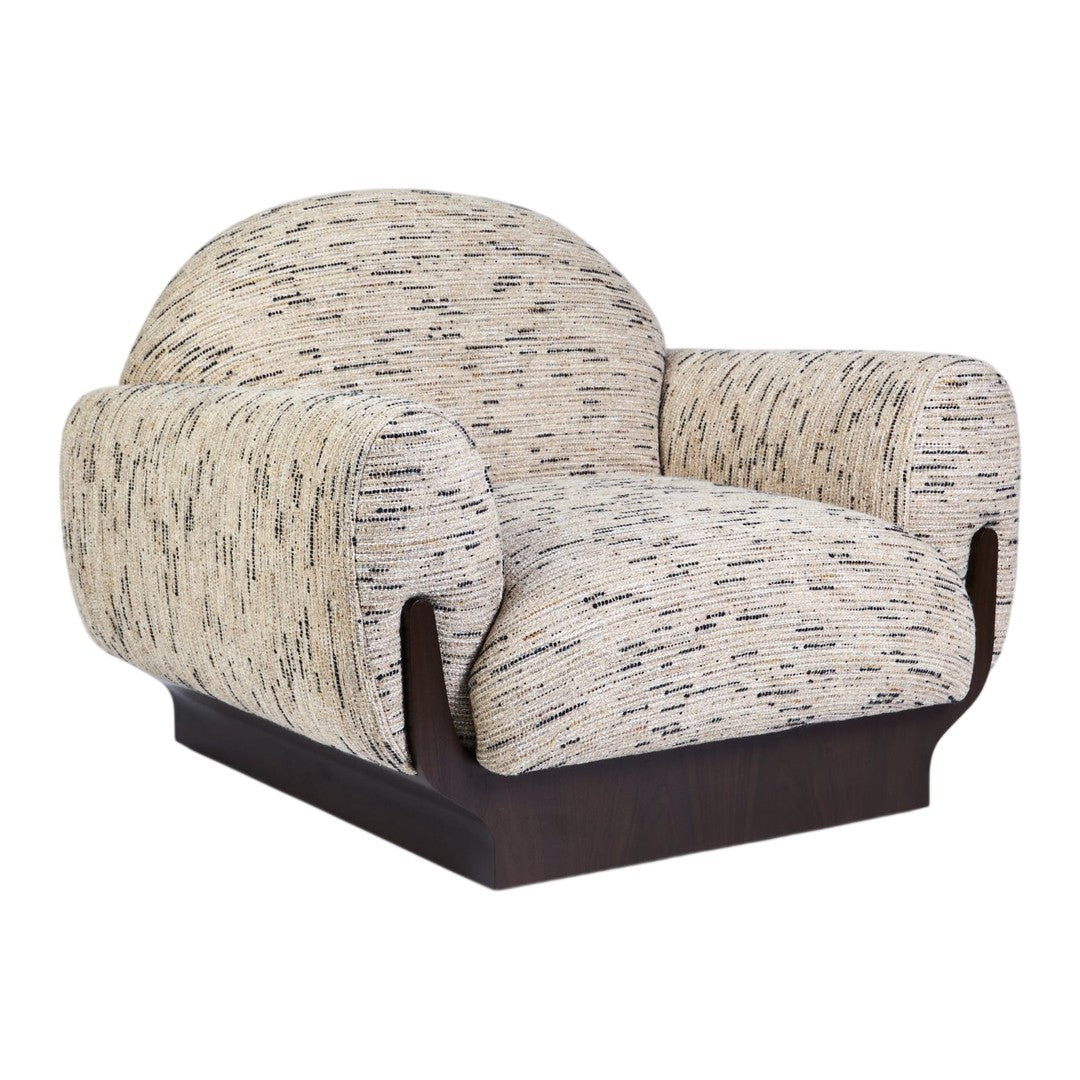 Beige upholstered chair with textured multi-tonal patterns and dark wood base. Perfect blend of modern and classic design.