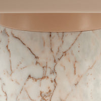 Elegant pink marble with soft beige veins, topped with a smooth, rose gold accent. Perfect for modern decor.
