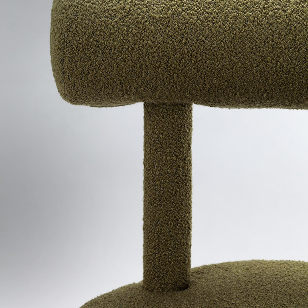 Olive green textured fabric chair with a modern design, featuring a patterned upholstery finish.