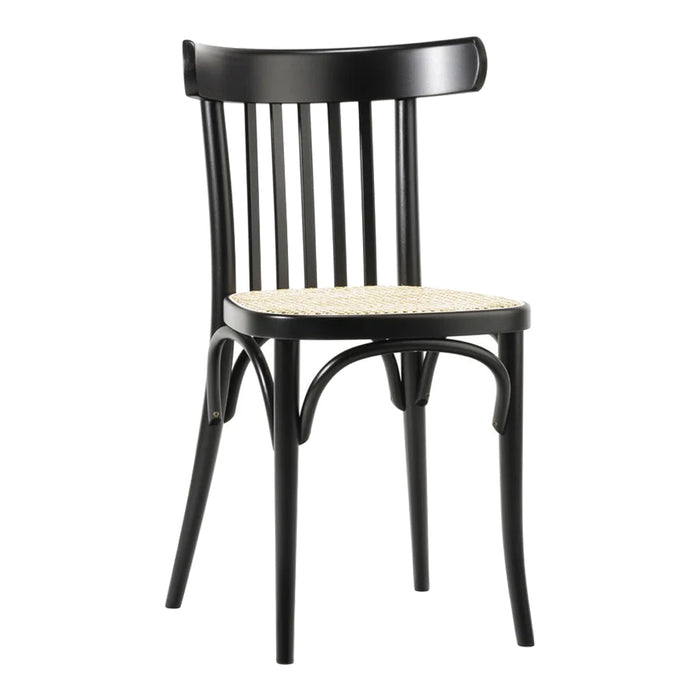 Black wooden chair with a classic design, featuring a natural woven seat and simple vertical slats for a timeless look.