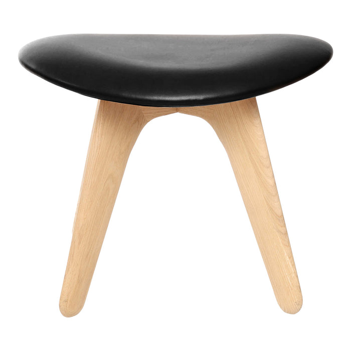 Black padded seat with natural wood legs in a minimalist design, perfect for modern decor.