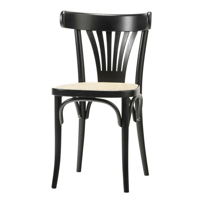 Black wooden chair with a slatted backrest and a light beige woven seat. Elegant and minimalist design.