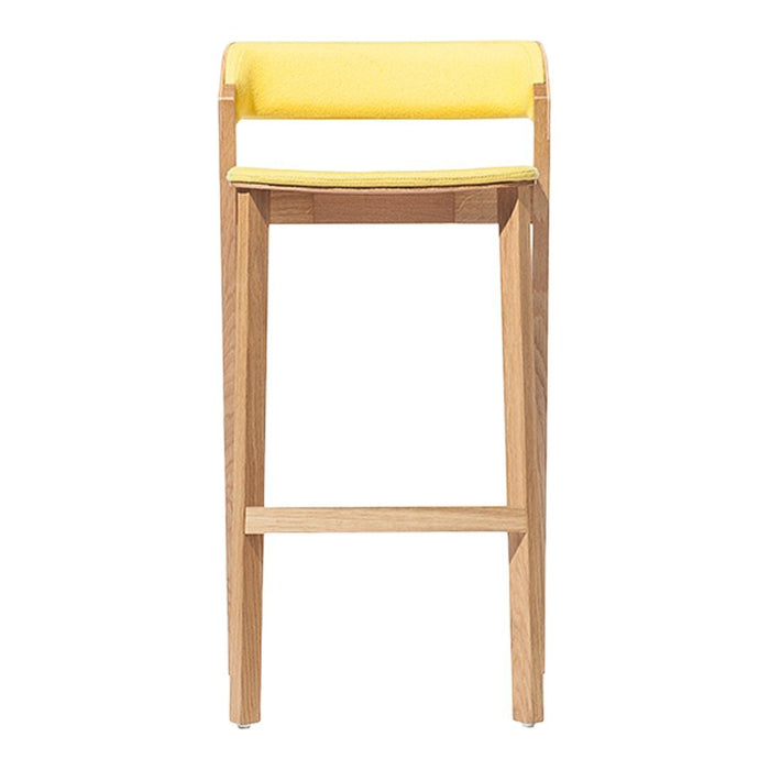 Bar stool with a natural wood frame and bright yellow upholstered seat. Simple and modern design, perfect for any space.