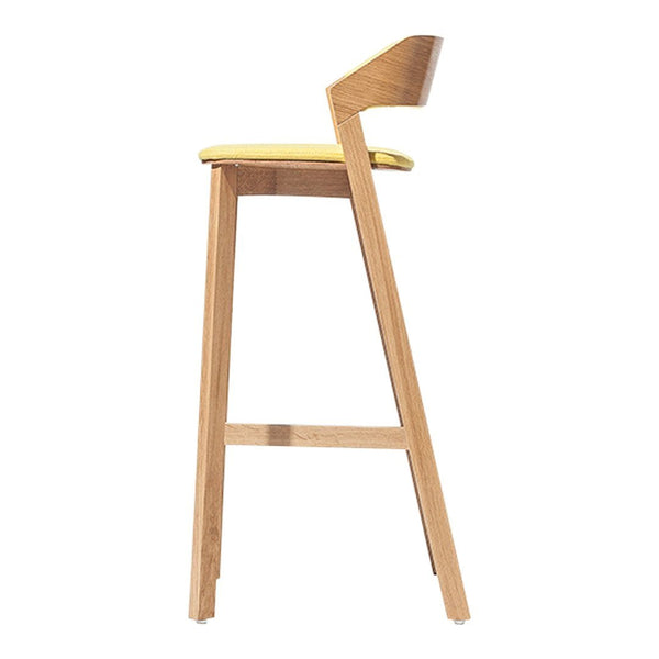 Tall wooden bar stool with a vibrant yellow upholstered seat and a sleek, minimalist design.