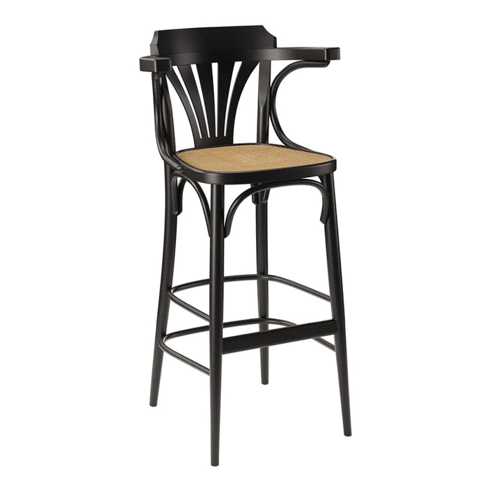 Black wooden bar stool with a curved backrest and natural wood seat, showcasing elegant minimalistic design.