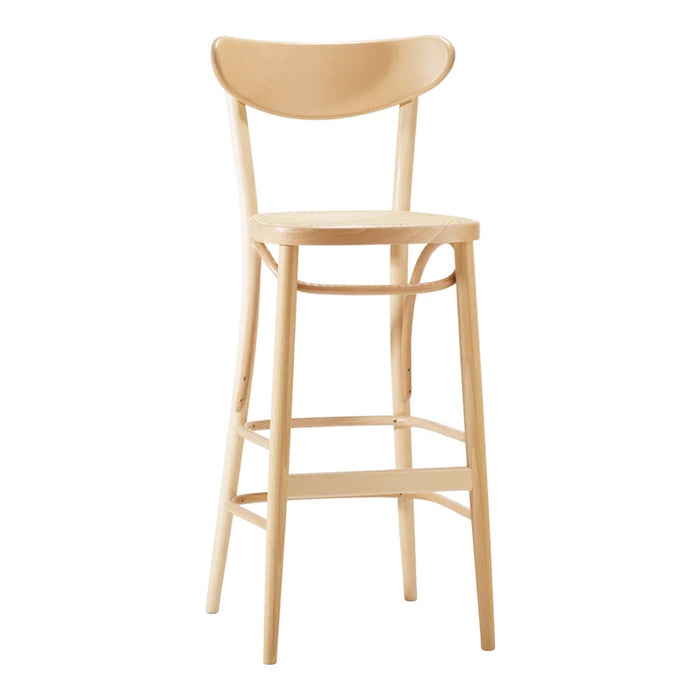 Light natural wood bar stool with a smooth finish and minimalist design, showcasing a simple, curved backrest.