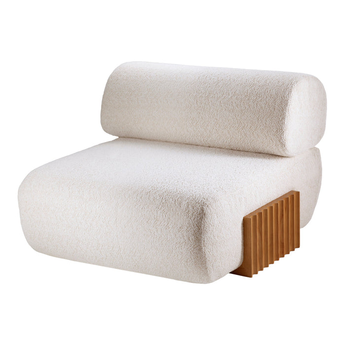 Textured cream-colored accent chair with rounded cushions and wooden ribbed base. Perfect for modern interiors.