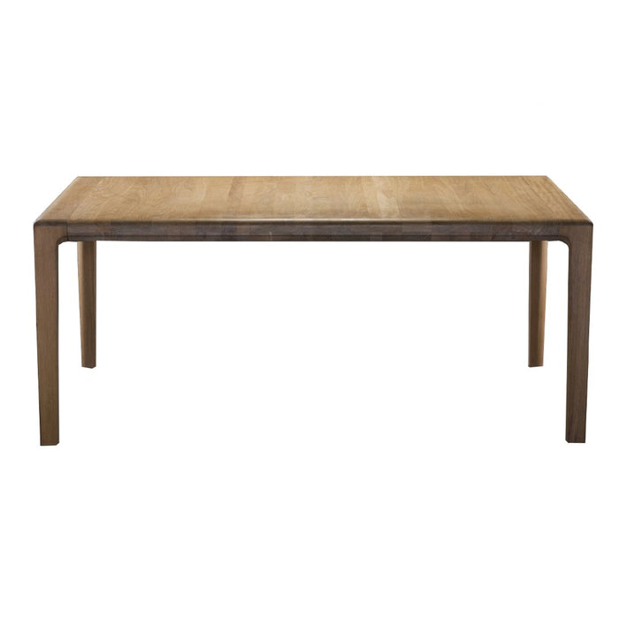 Natural wood dining table with a smooth surface and minimalistic design, featuring light brown tones and subtle grain patterns.