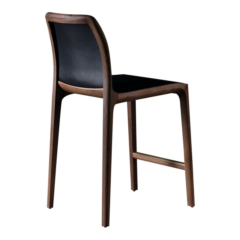 Stylish wooden bar stool featuring a dark black seat and backrest, complemented by a rich brown frame.