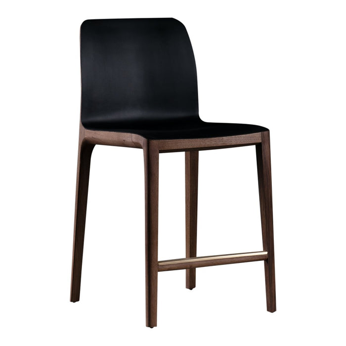 Modern black bar stool with sleek, curved seat and wooden legs in rich brown finish. Simple, elegant design.