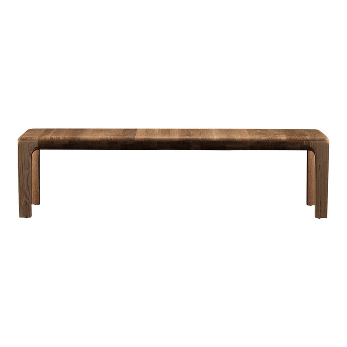 Solid wood bench featuring a rich walnut finish with subtle grain patterns for a warm, rustic appeal.