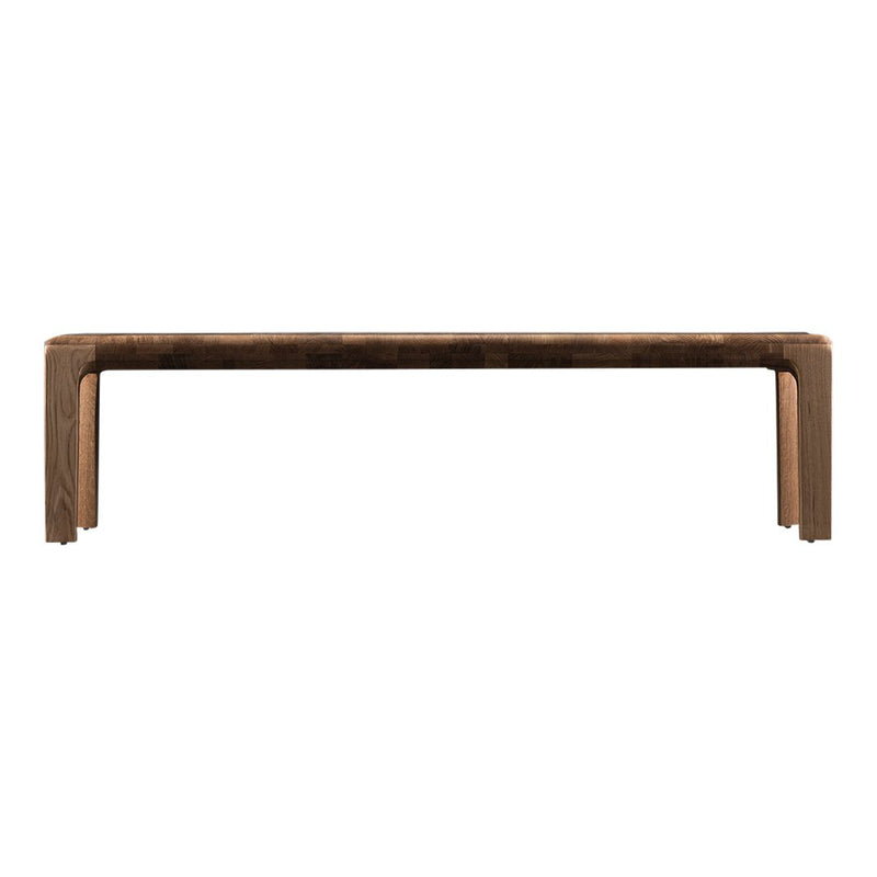 Rustic brown wood bench with a smooth surface and simple geometric design, perfect for modern or traditional decor.