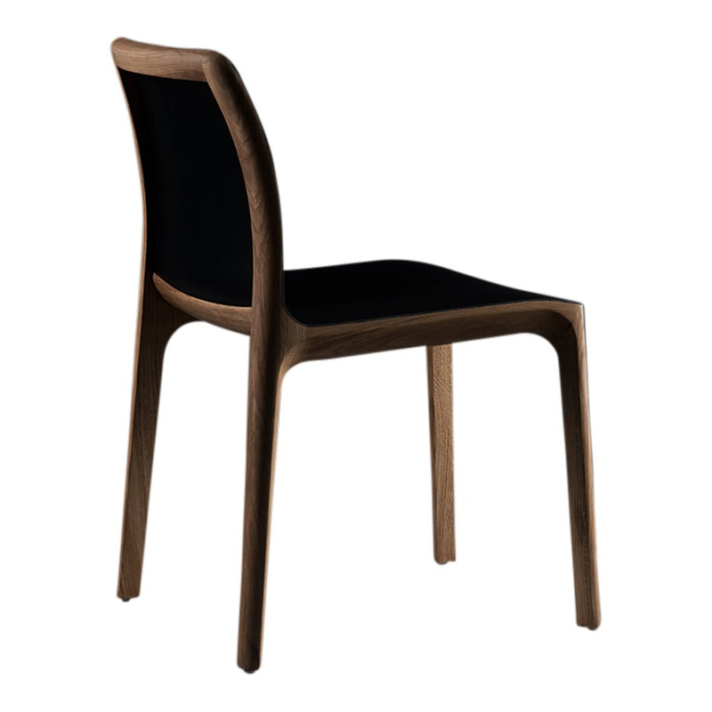 Modern wooden chair with a rich walnut finish and sleek black upholstery. Minimalist design for contemporary decor.