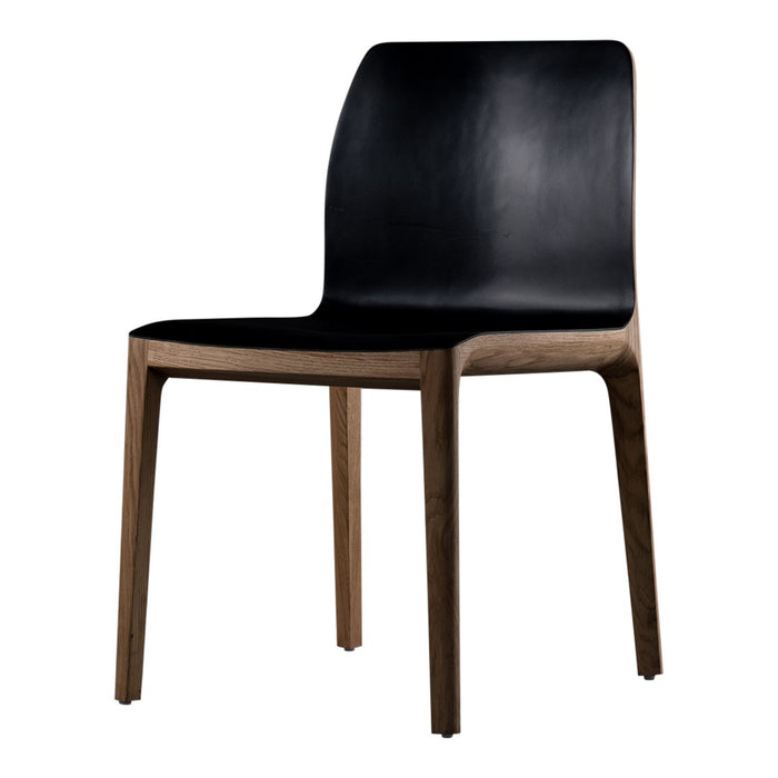 Sleek black chair with a smooth finish and natural wood legs, featuring a modern minimalist design.