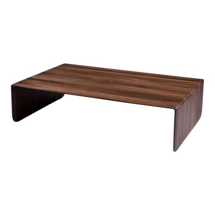 Modern walnut wood coffee table with a sleek, minimalist design and a rich, warm brown finish.