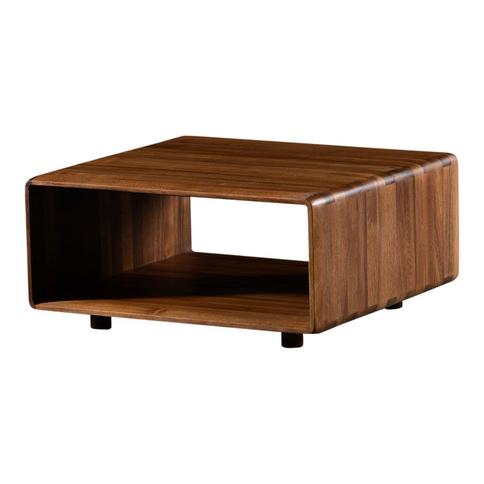 Natural wood finish coffee table in rich brown tones with sleek, minimalist design and subtle grain patterns.