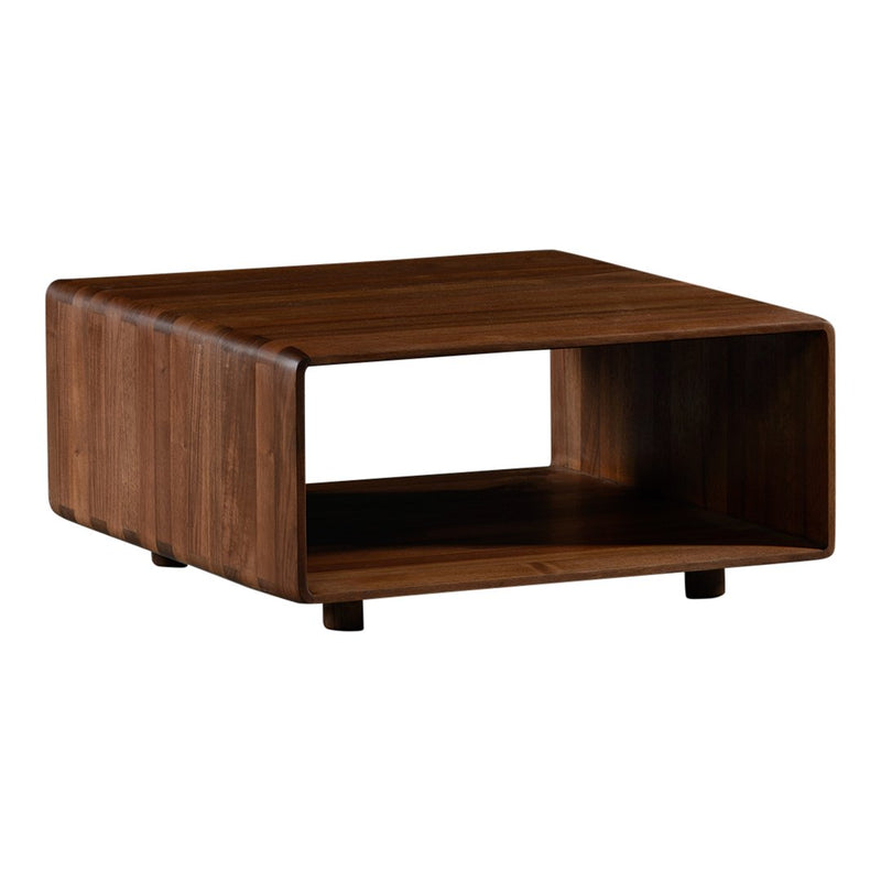 Dark wooden coffee table with a minimalist design and natural grain patterns, featuring a hollow space for storage.