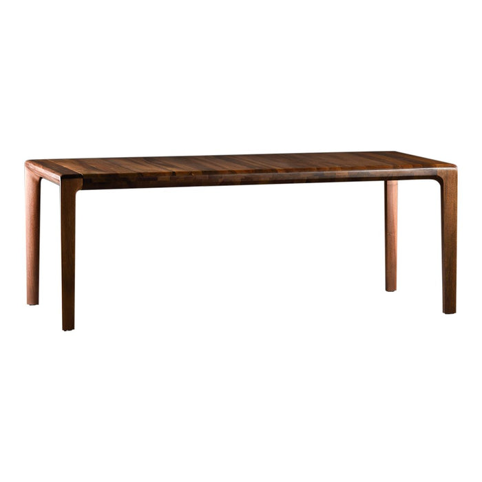 "Rectangular wooden table with a rich walnut finish and smooth, elegant lines."