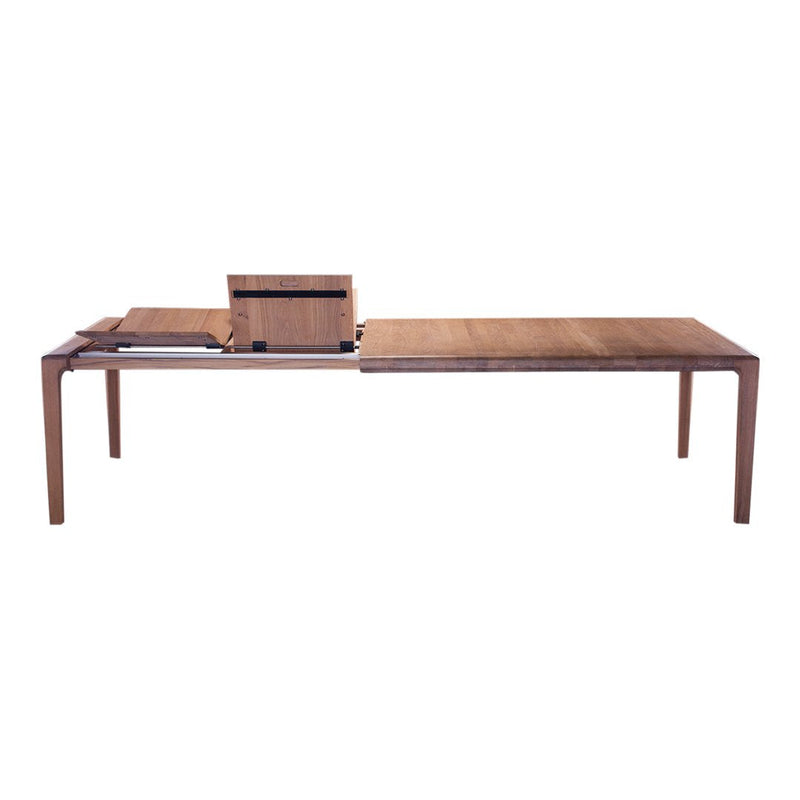 Natural wood dining table with a smooth finish, featuring warm brown tones and a minimalist style.