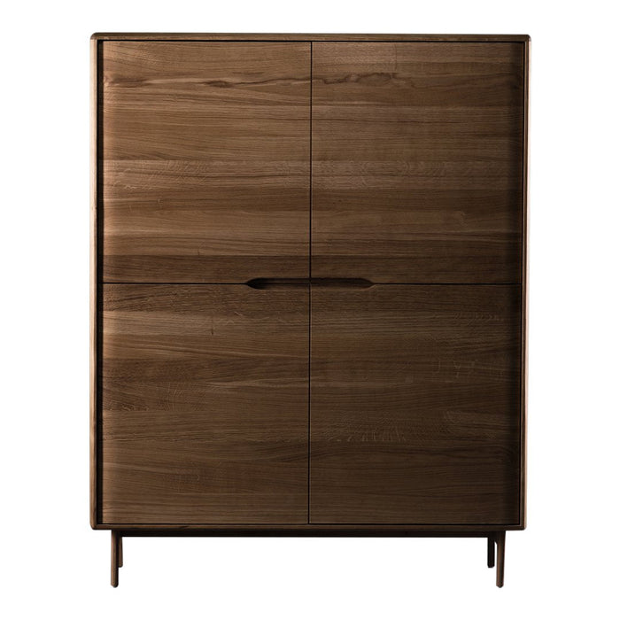 Brown wooden cabinet with sleek, minimalist design and horizontal wood grain pattern. Ideal for modern decor.