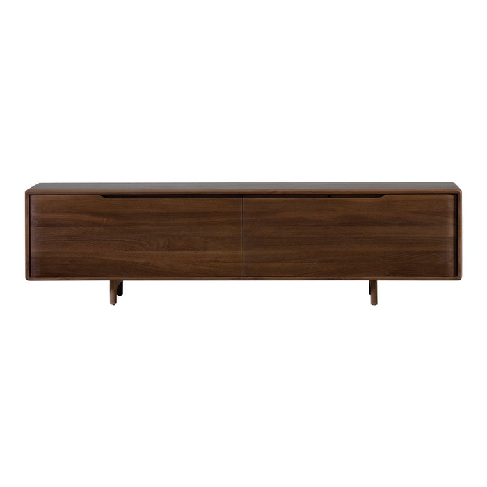 Dark walnut brown TV stand with a smooth, minimalistic finish and simple rectangular design.