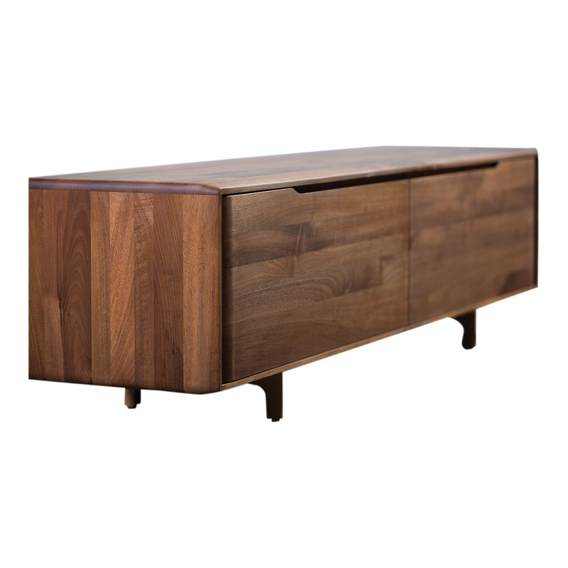 Dark walnut wooden sideboard with smooth finish and sleek, minimalistic design featuring two front drawers.