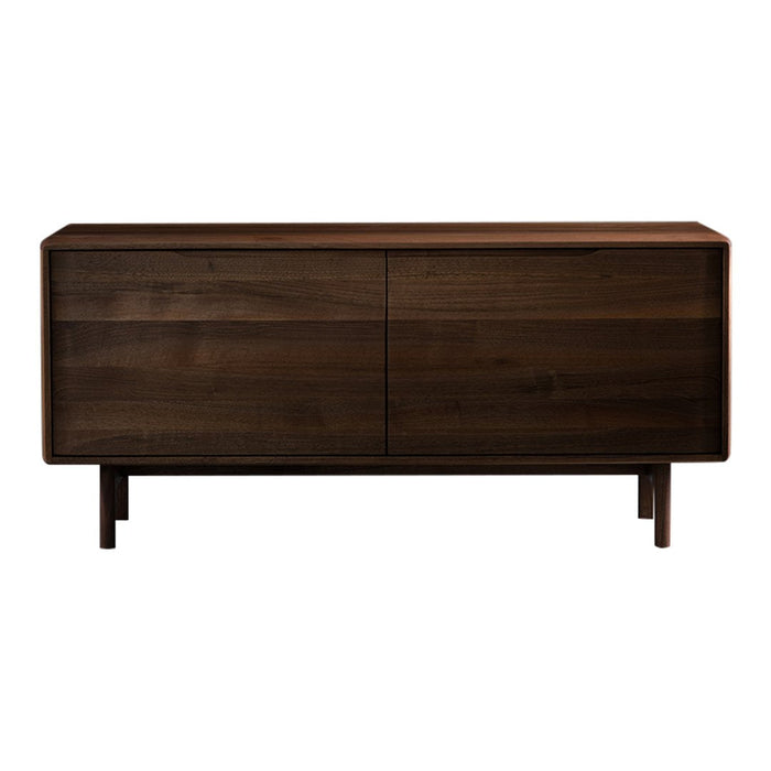 Dark walnut wood sideboard with smooth, minimalist design and no visible patterns, featuring a clean, modern finish.
