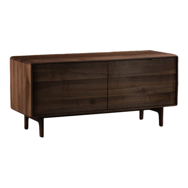 Dark walnut wood sideboard with a smooth, minimalist finish and subtle grain patterns, resting on tapered legs.