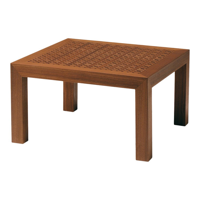 Brown wooden coffee table with intricate geometric pattern on top and sleek rectangular design. Perfect for modern decor.