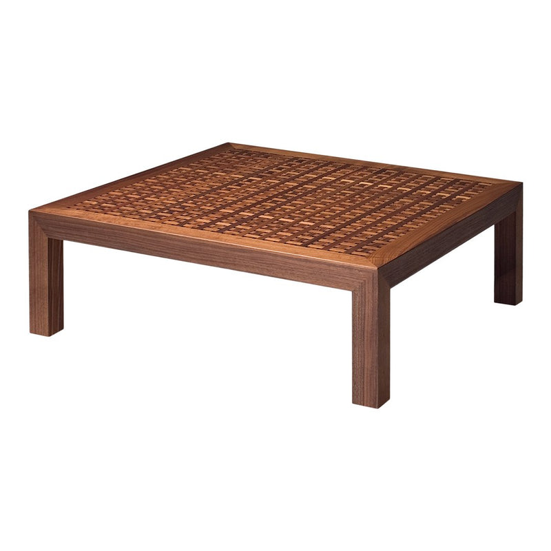 Square wooden coffee table with intricate checkered pattern and rich brown finish. Perfect for modern decor.