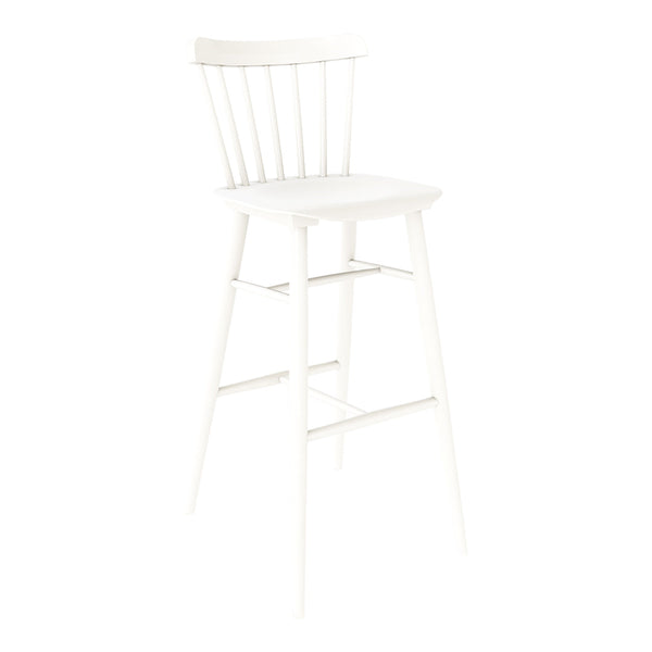 White wooden bar stool with a sleek, minimalist design and vertical slat backrest. Ideal for modern spaces.