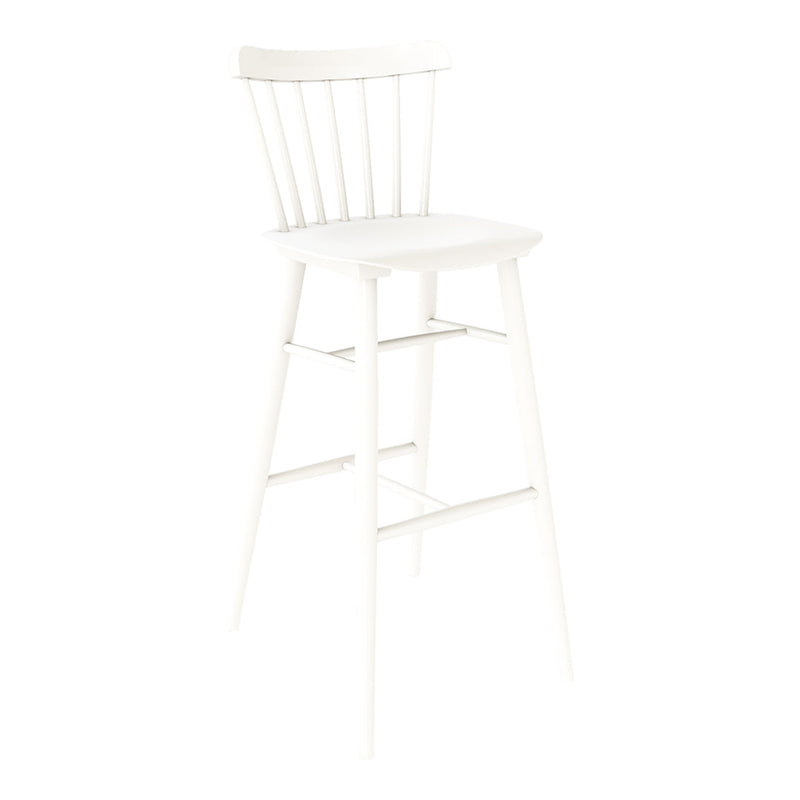 White wooden bar stool with a sleek, minimalist design and vertical slat backrest. Ideal for modern spaces.