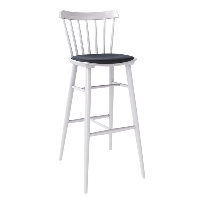 White bar stool with a black cushioned seat and a classic spindle back design. Ideal for modern decor.