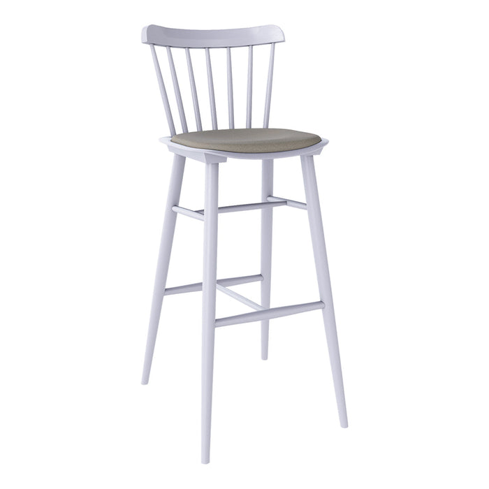 White wooden bar stool with a light beige cushioned seat and slatted back design.