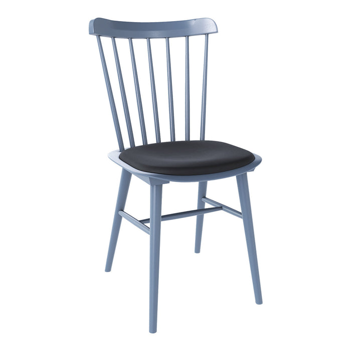 Blue wooden chair with a slatted back and black cushioned seat, perfect for modern or vintage decor.