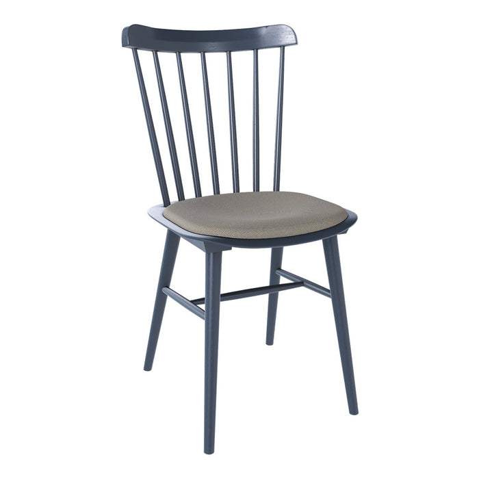 Navy blue wooden chair with a light beige patterned seat cushion. Simple, modern design suitable for various decor styles.
