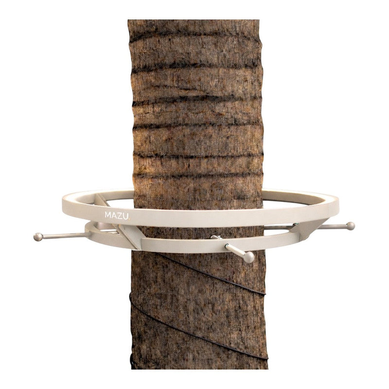 White circular tree guard against a textured brown tree trunk, featuring sleek modern design and minimalist accents.