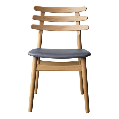 Light wood chair with a sleek navy blue seat and three horizontal back slats. Modern, minimalist design.