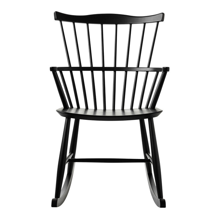 Black wooden rocking chair with a classic spindle design and smooth, glossy finish. Perfect for modern decor.