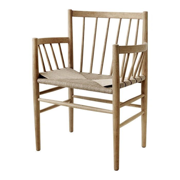 Natural wood chair with light beige woven seat and minimalist, modern design featuring clean lines and an open pattern.
