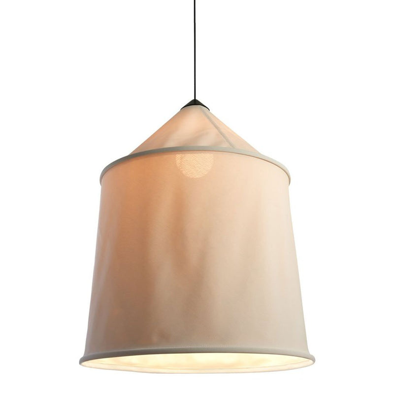 Cream-colored pendant lamp with a soft, conical shape and subtle texture, featuring a white trim and warm glow.