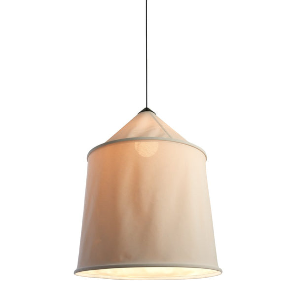 Beige pendant lamp with a sleek modern design and soft, conical fabric shade, offering a warm glow.