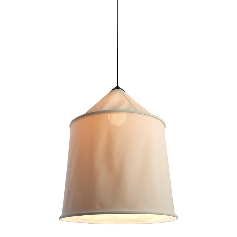 Beige pendant lamp with a sleek modern design and soft, conical fabric shade, offering a warm glow.