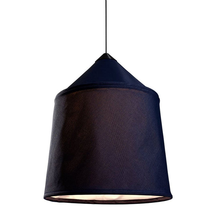 Modern black pendant lamp with a geometric shape and smooth fabric texture, perfect for contemporary decor.