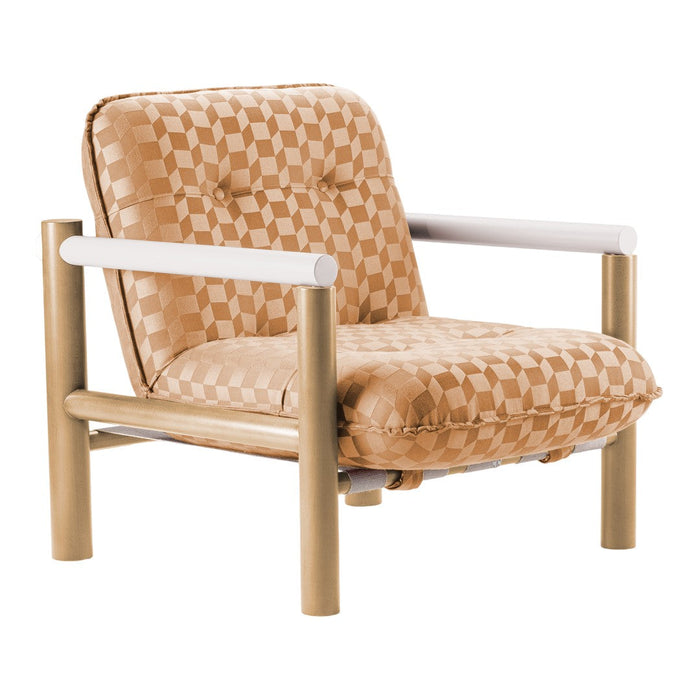 Beige chair with a checkered pattern and wooden accents, featuring soft cushions for added comfort.