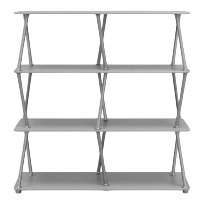 Gray geometric shelving unit with four tiers and crisscross support, featuring a modern, minimalist design.