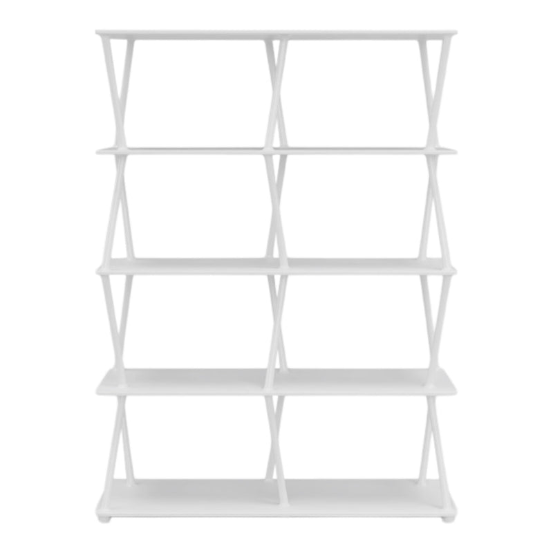 White shelving unit with a minimalist design featuring open space and geometric patterns. Perfect for modern decor.