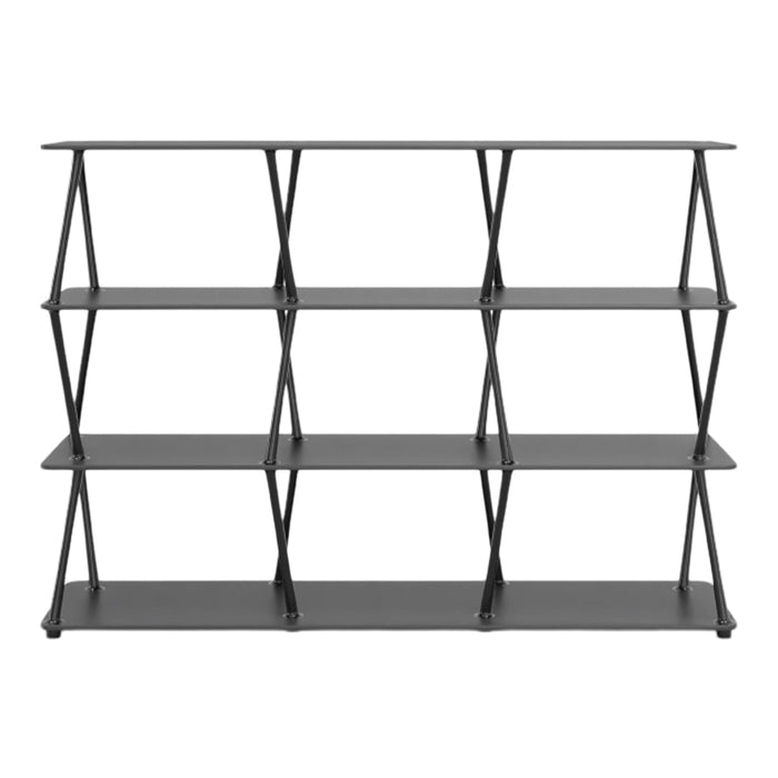 Modern black bookshelf with sleek lines and geometric pattern, featuring multiple open shelves for versatile display.