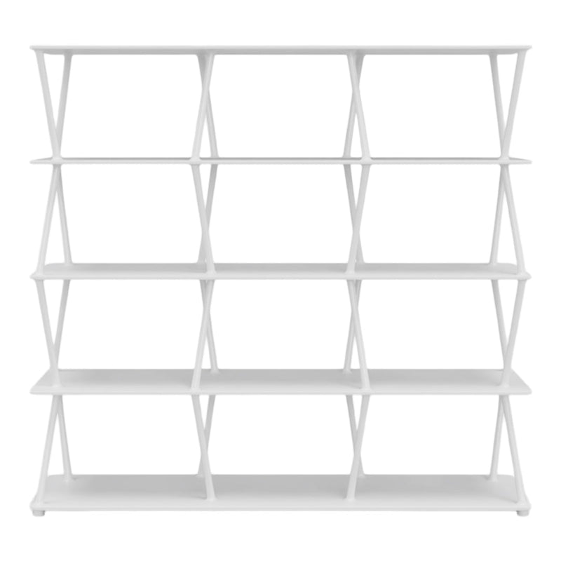 "Modern white bookshelf with geometric pattern and sleek design, perfect for stylish storage solutions."